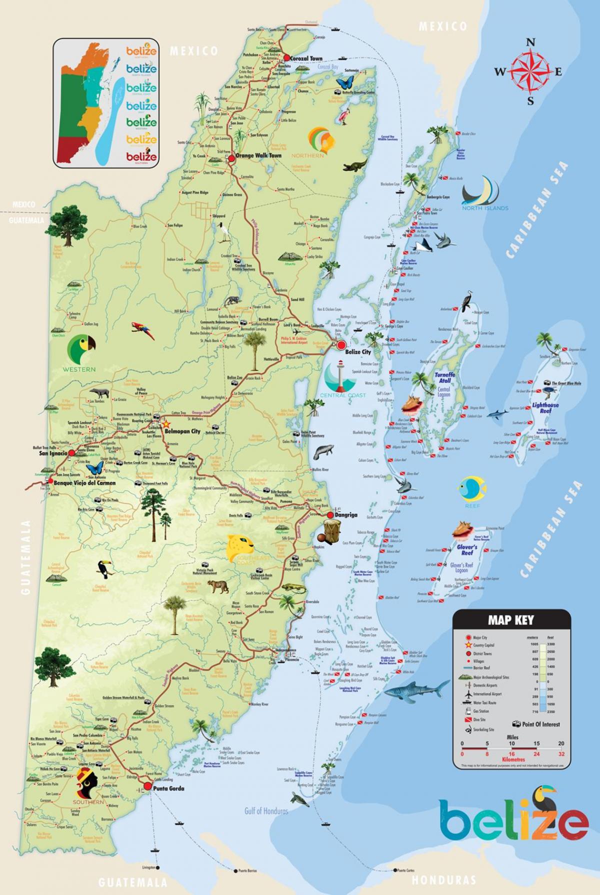 Mappa di Belize attrazioni