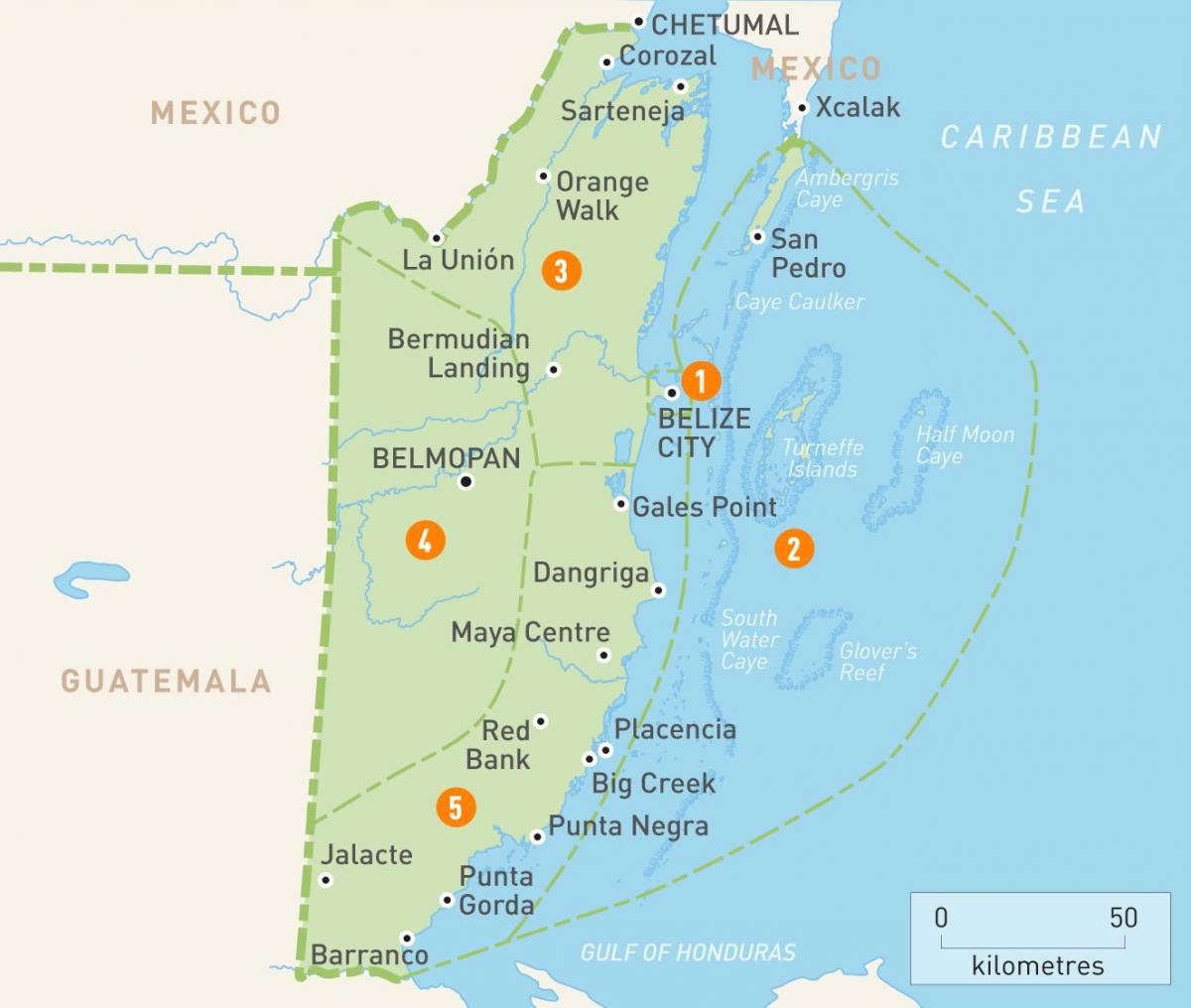 Mappa del Belize e nei paesi limitrofi,